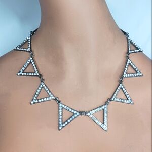 Silver Rhinestoned Triangles on Gunmetal Necklace Statement Piece.